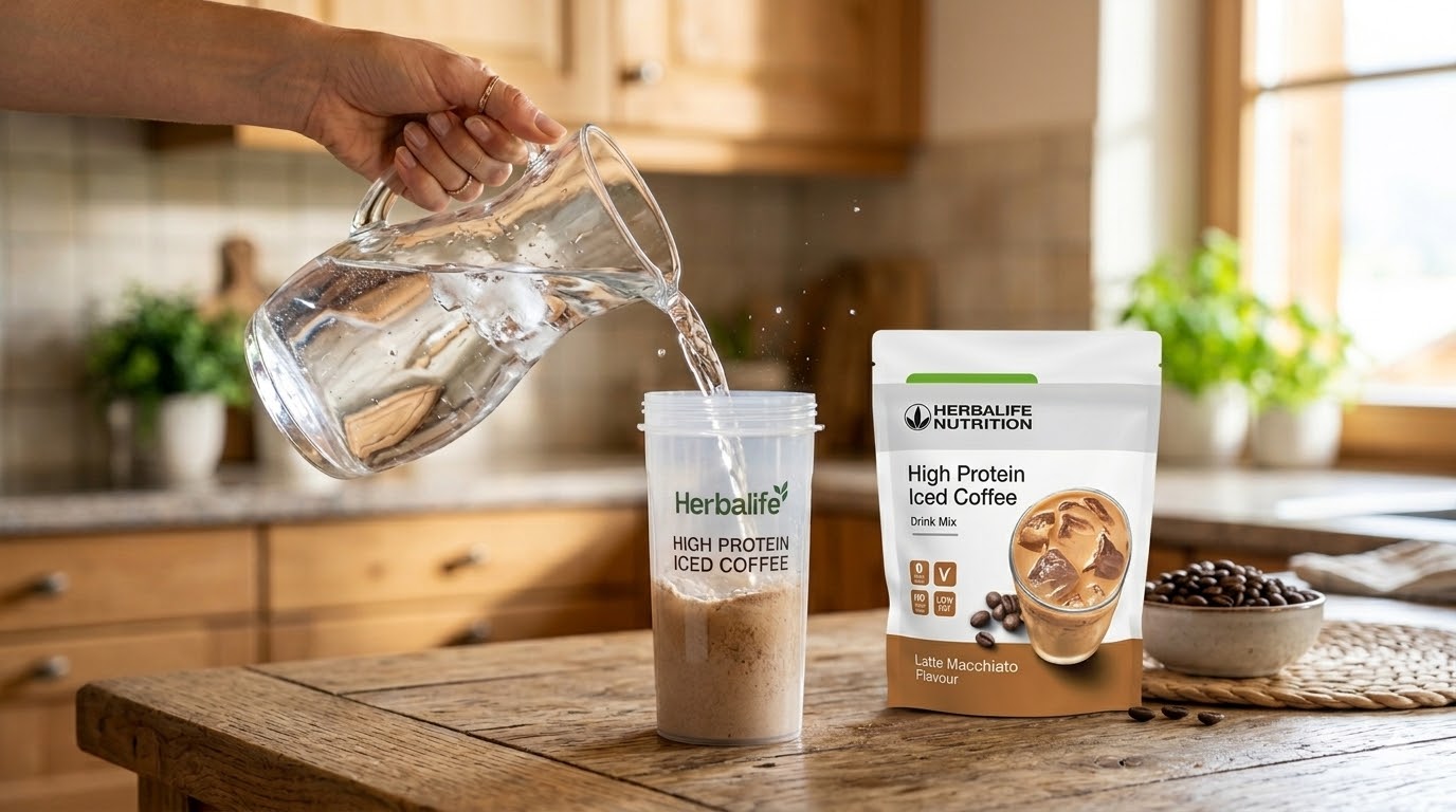 Erfrischender Protein Iced Coffee in einem Glas mit Eiswürfeln vor Schweizer Panorama